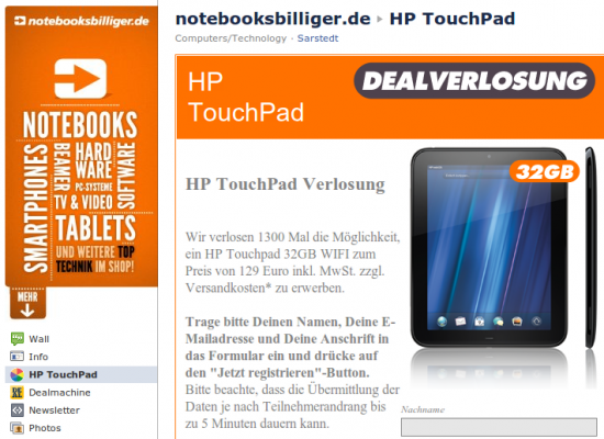 HP Touchpad Kaufoptions-Verlosung bei NBB