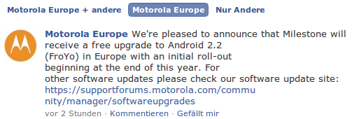 Motorola Europe Facebookmeldung zu Android 2.2 Froyo auf dem Milestone